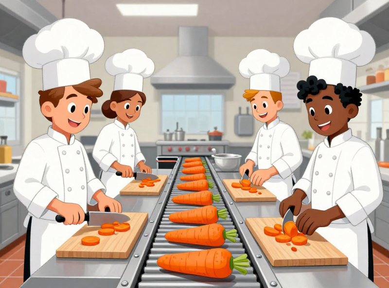 Cartoon of four chefs in a kitchen. There is a conveyor belt of carrots moving towards them, and then are stationed, two on either side of it, with chopping boards, ready to chop the carrots when they get there.